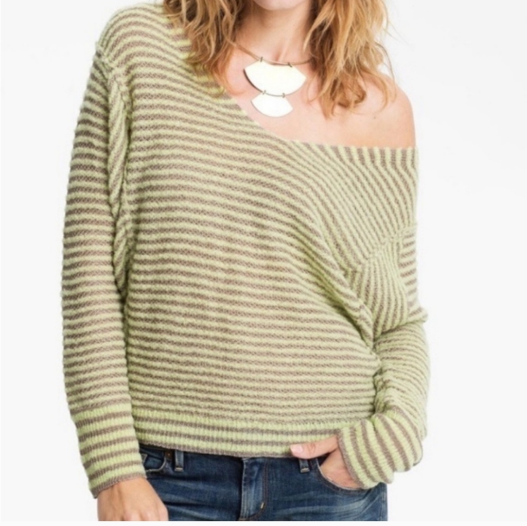 Free People Urban Outfitters Bumblebee Green Gray Stripe Linen Blend Sweater M
